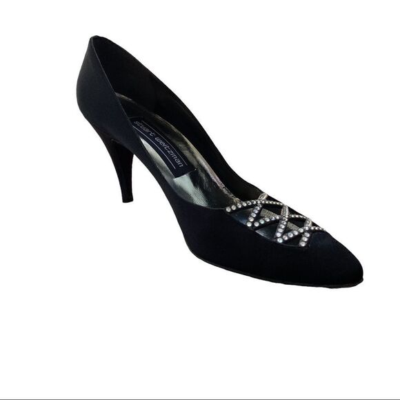 Women's Evening Stuart Weitzman Black Satin Rhinestone Pump Size 7 - Picture 1 of 10